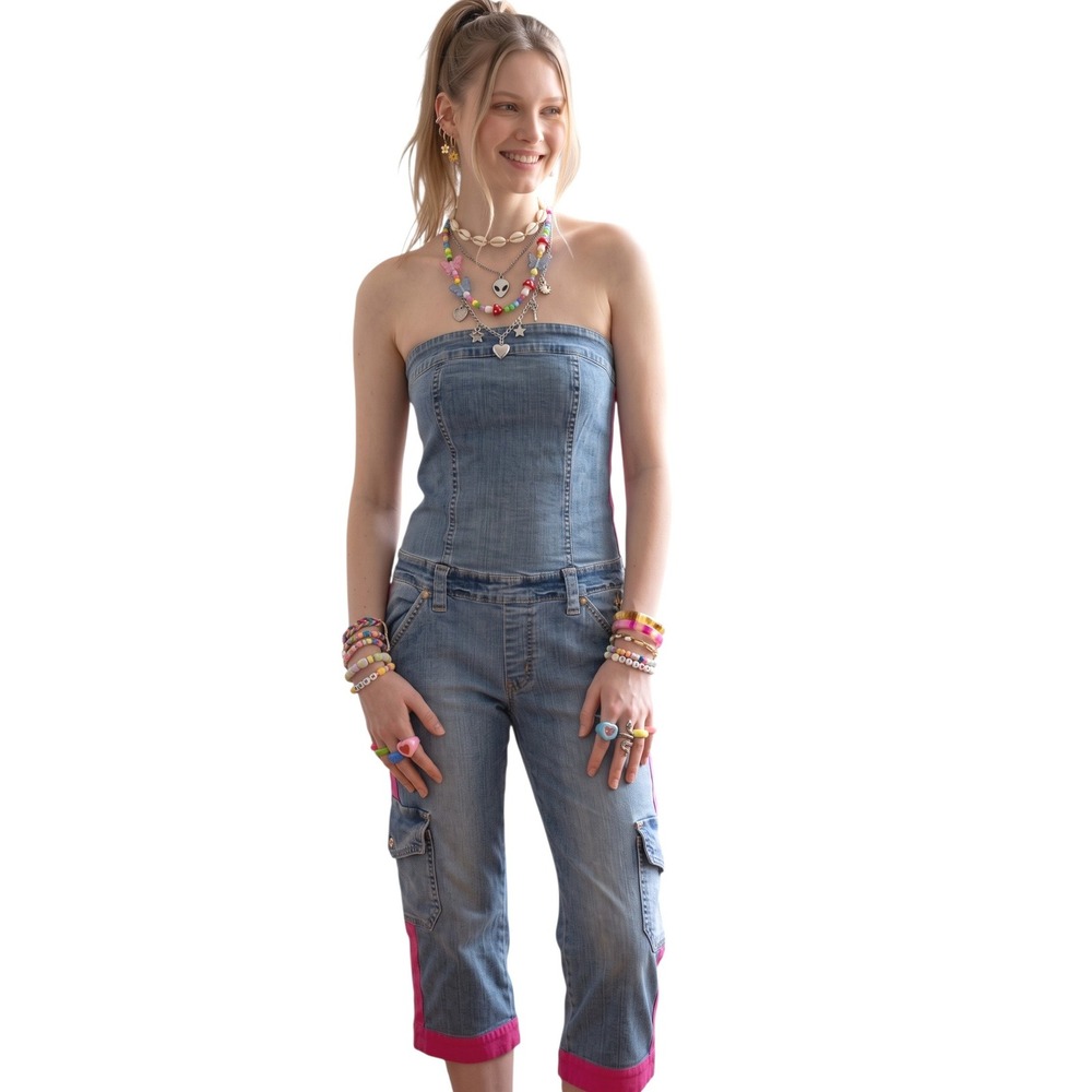 Vintage Y2K Baby Phat Women size 9 Denim Indie Sleaze Jumpsuit  Strapless Romper